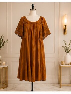 Brownish/Orange Flutter, Crochet-Sleeve Dress